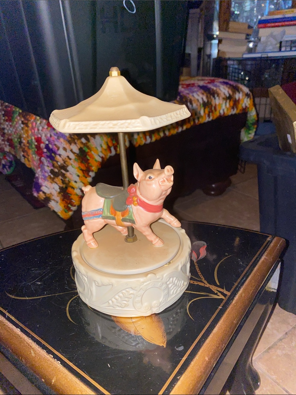 Rare Vintage Carousel music box, pig rotates while playing the song "Cabaret"